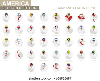 Map and Flag in Circle, America Countries Collection. Alphabetically sorted flags and maps. Vector Illustration.