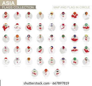 Map and Flag in Circle, Asia Countries Collection. Alphabetically sorted flags and maps. Vector Illustration.