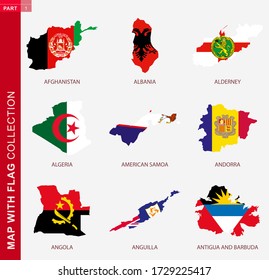 Map with flag collection, nine map contour with flag of Afghanistan, Albania, Alderney, Algeria, American Samoa, Andorra, Angola, Anguilla, Antigua and Barbuda