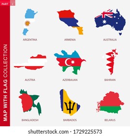 Map with flag collection, nine map contour with flag of Argentina, Armenia, Australia, Austria, Azerbaijan, Bahrain, Bangladesh, Barbados, Belarus