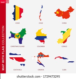 Map with flag collection, nine map contour with flag of Chad, Chile, China, Christmas Island, Colombia, Congo, Costa Rica, Croatia, Cuba 