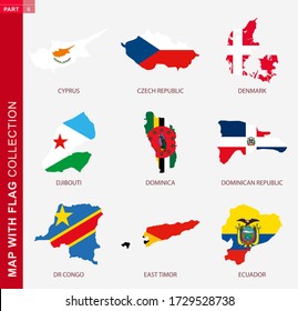 Map with flag collection, nine map contour with flag of Cyprus, Czech Republic, Denmark, Djibouti, Dominica, Dominican Republic, DR Congo, East Timor, Ecuador