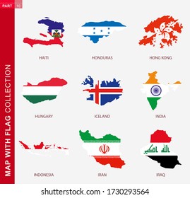 Mapa con colección de banderas, nueve mapas con bandera de Haití, Honduras, Hong Kong, Hungría, Islandia, India, Indonesia, Irán, Iraq