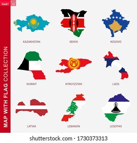 Map with flag collection, nine map contour with flag of Kazakhstan, Kenya, Kosovo, Kuwait, Kyrgyzstan, Laos, Latvia, Lebanon, Lesotho