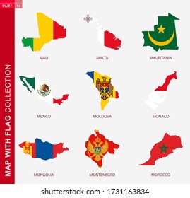 Map with flag collection, nine map contour with flag of Mali, Malta, Mauritania, Mexico, Moldova, Monaco, Mongolia, Montenegro, Morocco