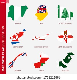 Mapa con colección de banderas, nueve contorno de mapa con bandera de Nigeria, Niue, Isla Norfolk, Corea del Norte, Chipre del Norte, Irlanda del Norte, Noruega, Omán, Pakistán