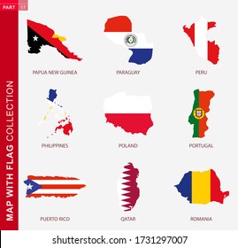 Map with flag collection, nine map contour with flag of Papua New Guinea, Paraguay, Peru, Philippines, Poland, Portugal, Puerto Rico, Qatar, Romania