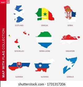 Map with flag collection, nine map contour with flag of Scotland, Senegal, Serbia, Seychelles, Sierra Leone, Singapore, Slovakia, Slovenia, Somalia
