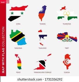 Map with flag collection, nine map contour with flag of Syria, Taiwan, Tajikistan, Tanzania, Thailand, Tibet, Togo, Tonga, Trinidad and Tobago, Tunisia