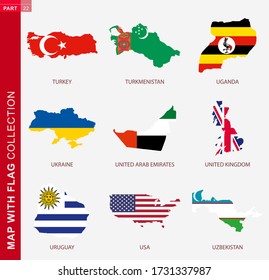 Karte mit Flaggensammlung, neun Kartenkonturen mit Flagge der Türkei, Turkmenistan, Uganda, Ukraine, Vereinigte Arabische Emirate, Vereinigtes Königreich, Uruguay, USA, Usbekistan