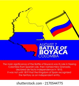 Mapa y bandera del país de Colombia con texto en negrita y oraciones para conmemorar el día de la Batalla de Boyaca el 7 de agosto