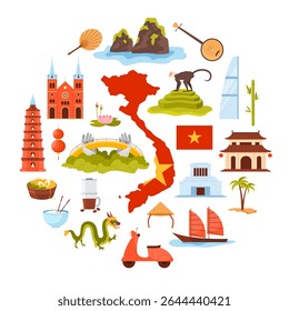 Map and flag of country, Ho Chi Minh Mausoleum, Pho Noodle soup, Saigon Cathedral cartoon vector illustration. Travel to Vietnam set, culture elements and landmarks, food in round infographic banner