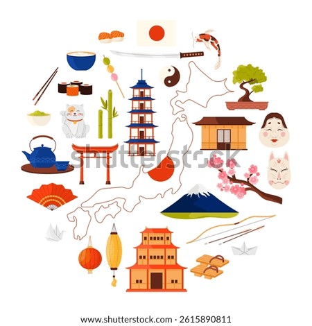 Map and flag of country, Maneki Neko lucky cat and sakura, tea ceremony and sushi cartoon vector illustration. Travel to Japan set, culture elements and landmarks, food in round infographic banner.