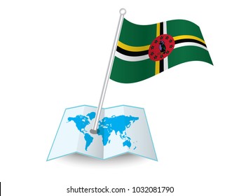 Map with flag of Dominica isolated on white.
 National flag for country of Dominica isolated,
 banner for your web site design logo, app, UI.check in. map Vector illustration, EPS10.