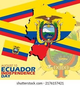 Map and flag of Ecuador with ribbons decoration and bold text on yellow background, Ecuador Independence Day August 10