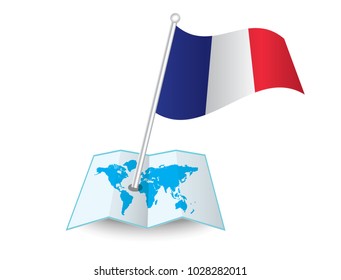 Map with flag of France isolated on white. National flag for country of France isolated,banner for your web site design logo, app, UI.check in. map Vector illustration, EPS10.