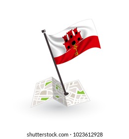 Map with flag of Gibraltar isolated on white. National flag for country of Gibraltar isolated, banner for your web site design logo, app, UI. check in. map Vector illustration, EPS10.