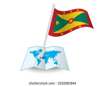 Map with flag of Grenada isolated on white.
 National flag for country of Grenada isolated,
 banner for your web site design logo, app, UI.check in. map Vector illustration, EPS10.