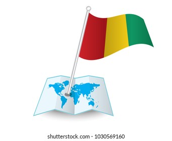 Map with flag of Guinea isolated on white.
 National flag for country of Guinea isolated,
 banner for your web site design logo, app, UI. check in. map Vector illustration, EPS10.