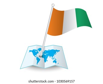 Map with flag of Ivory Coast isolated on white.
 National flag for country of Ivory Coast isolated,
 banner for your web site design logo, app, UI. check in. map Vector illustration, EPS10.