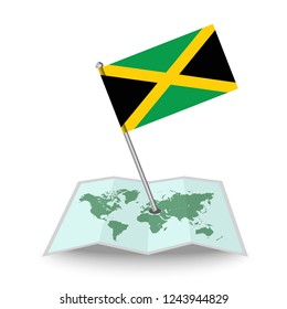 Map with flag of Jamaica isolated on white. National flag for country of Jamaica isolated, banner for your web site design logo, app, UI. check in. map Vector illustration, EPS10.