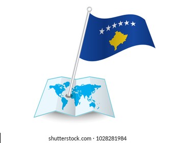 Map with flag of Kosovo isolated on white. National flag for country of Kosovo isolated,banner for your web site design logo, app, UI.check in. map Vector illustration, EPS10.