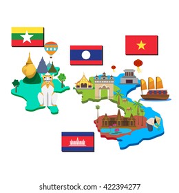 Map and flag of laos, cambodia, myanmar and vietnam.