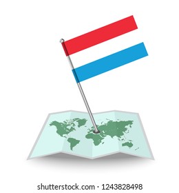 Map with flag of Luxembourg isolated on white. National flag for country of Luxembourg isolated, banner for your web site design logo, app, UI. check in. map Vector illustration, EPS10.