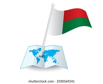 Map with flag of Madagascar isolated on white.
 National flag for country of Madagascar isolated,
 banner for your web site design logo, app, UI. check in. map Vector illustration, EPS10.