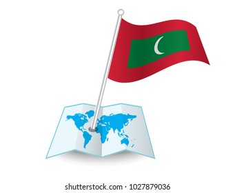 Map with flag of Maldives isolated on white. National flag for country of Maldives isolated, banner for your web site design logo, app, UI. check in. map Vector illustration, EPS10.