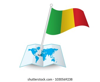 Map with flag of Mali isolated on white.
 National flag for country of Mali isolated,
 banner for your web site design logo, app, UI. check in. map Vector illustration, EPS10.