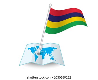 Map with flag of Mauritius isolated on white.
 National flag for country of Mauritius isolated,
 banner for your web site design logo, app, UI. check in. map Vector illustration, EPS10.