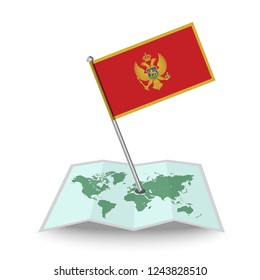 Map with flag of Montenegro isolated on white. National flag for country of Montenegro isolated, banner for your web site design logo, app, UI. check in. map Vector illustration, EPS10.