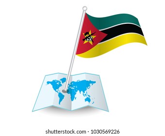 Map with flag of Mozambique isolated on white.
 National flag for country of Mozambique isolated,
 banner for your web site design logo, app, UI. check in. map Vector illustration, EPS10.