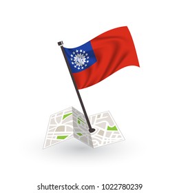 Map with flag of Myanmar isolated on white. National flag for country of Myanmar isolated, banner for your web site design logo, app, UI. check in. map Vector illustration, EPS10.