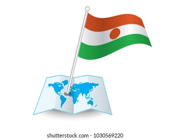 Map with flag of Niger isolated on white.
 National flag for country of Niger isolated,
 banner for your web site design logo, app, UI. check in. map Vector illustration, EPS10.