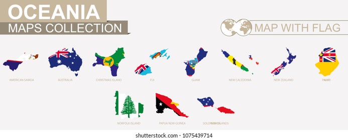Map with flag Oceanian countries collection.