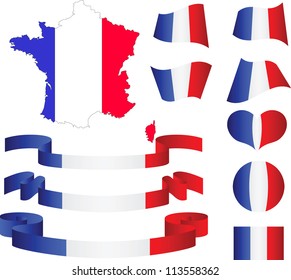 Map, flag, ribbons, heart and ball of France, vector illustration