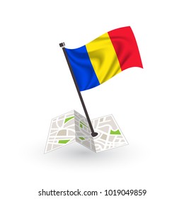Map with flag of Romania isolated on white. National flag for country of Romania isolated, banner for your web site design logo, app, UI. check in. map Vector illustration, EPS10.