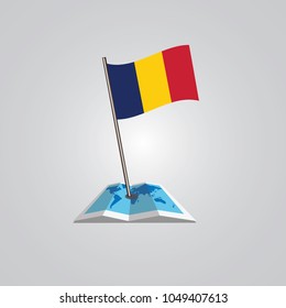 Map with flag of Romania isolated on white. National flag for country of Romania isolated, banner for your web site design logo, app, UI. check in. map Vector illustration, EPS10.