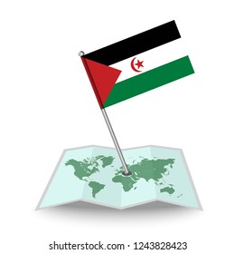 Map with flag of Sahrawi Arab Democratic Republic isolated on white. National flag for country of Sahrawi Arab Democratic Republic isolated, banner for your web site design logo, app, UI. check in. ma