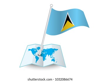 Map with flag of Saint Lucia isolated on white.
 National flag for country of Saint Lucia isolated,
 banner for your web site design logo, app, UI.check in. map Vector illustration, EPS10.