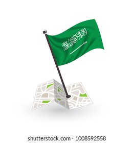 Map with flag of Saudi Arabia isolated on white. National flag for country of Saudi Arabia isolated, banner for your web site design logo, app, UI. check in. map Vector illustration, EPS10.