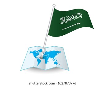 Map with flag of Saudi Arabia isolated on white. National flag for country of Saudi Arabia isolated, banner for your web site design logo, app, UI. check in. map Vector illustration, EPS10.