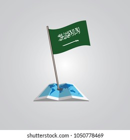 Map with flag of Saudi Arabia isolated on white. National flag for country of Saudi Arabia isolated, banner for your web site design logo, app, UI. check in. map Vector illustration, EPS10.