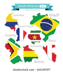 Map. Flag of South america. vector Illustration.