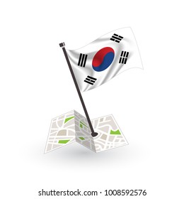 Map with flag of South Korea isolated on white. National flag for country of South Korea isolated, banner for your web site design logo, app, UI. check in. map Vector illustration, EPS10.