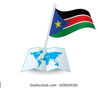 Map with flag of South Sudan isolated on white.
 National flag for country of South Sudan isolated,
 banner for your web site design logo, app, UI. check in. map Vector illustration, EPS10.