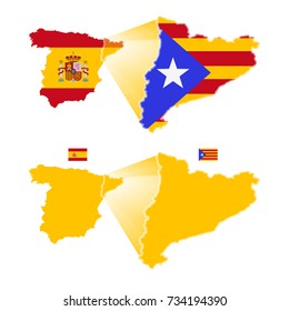Map and Flag of Spain and Map and Flag Of Catalonia. Catalonia is Highlighted on the Map of Spain. Vector Illustration.