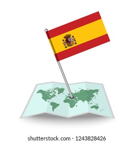 Map with flag of Spain isolated on white. National flag for country of Spain isolated, banner for your web site design logo, app, UI. check in. map Vector illustration, EPS10.